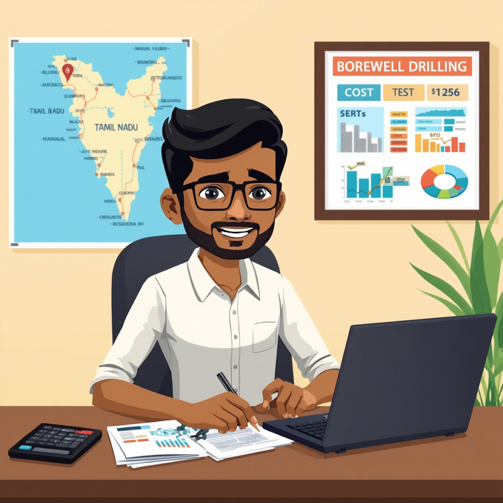Animated illustration of professional calculating borewell drilling costs in Tamil Nadu 2026 with laptop, calculator, and cost analysis charts