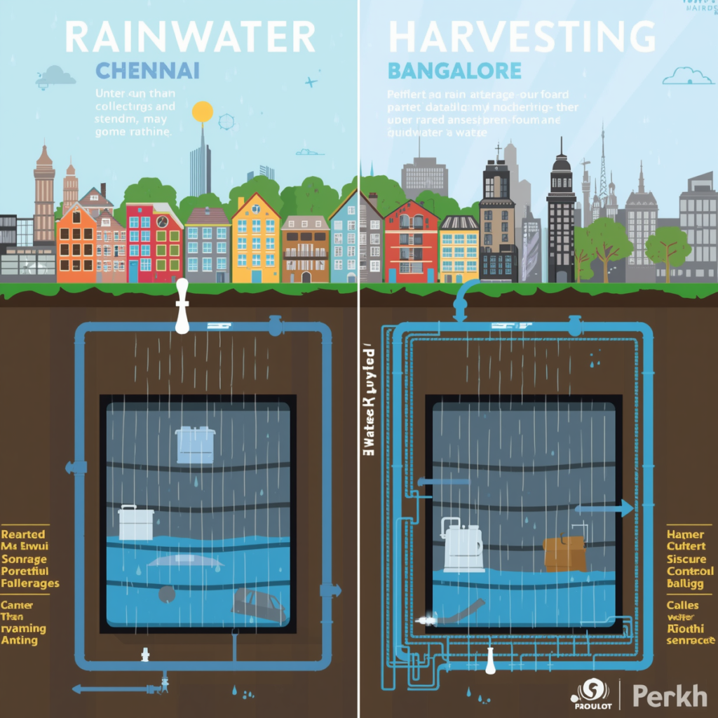 Rainwater Harvesting Rules in Chennai & Bangalore Rainwater harvesting system illustration for Chennai and Bangalore showing rooftop collection, underground storage tanks, and groundwater recharge