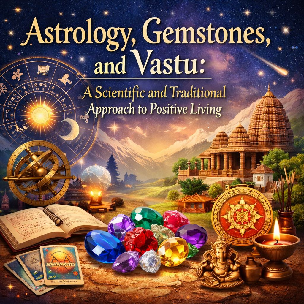 Illustration of astrology, gemstones, and Vastu featuring zodiac symbols, colorful gemstones, Vastu elements, Hindu temple architecture, sacred symbols, and a starry night sky representing the connection between astrology, geology, and traditional Indian practices.